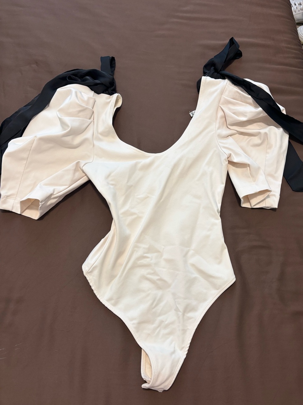 Free people Bodysuit with Puff Sleeves and Black Tie Straps